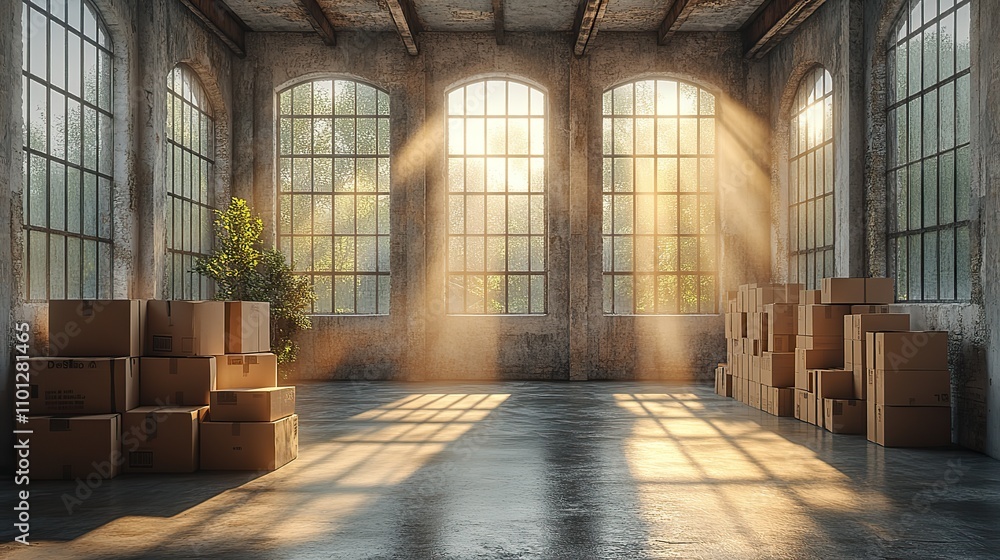 Aufkleber stacked cardboard in the empty room with sunlight come from the windows rendering