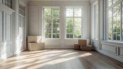 Obraz premium stacked cardboard in the empty room with sunlight come from the windows rendering