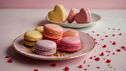 Colorful heart shaped macarons on pink plate