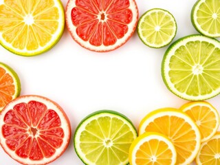 Fototapeta premium Vibrant lemon and lime slices on green and white gradient background with copy space, slices, white