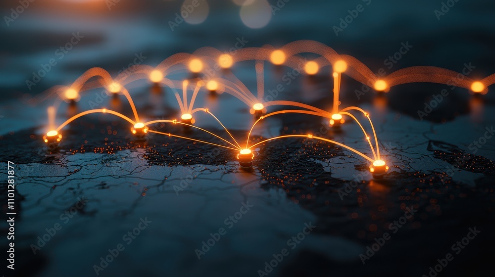 Poster world map with glowing lines connecting different locations, representing the global reach of social