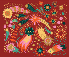 Christmas stars and comets seamless pattern on red