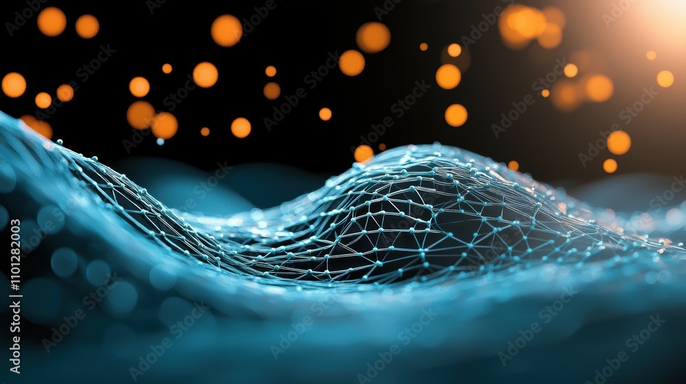 Poster abstract representation of a quantum network with interconnected quantum computers, visualizing the 