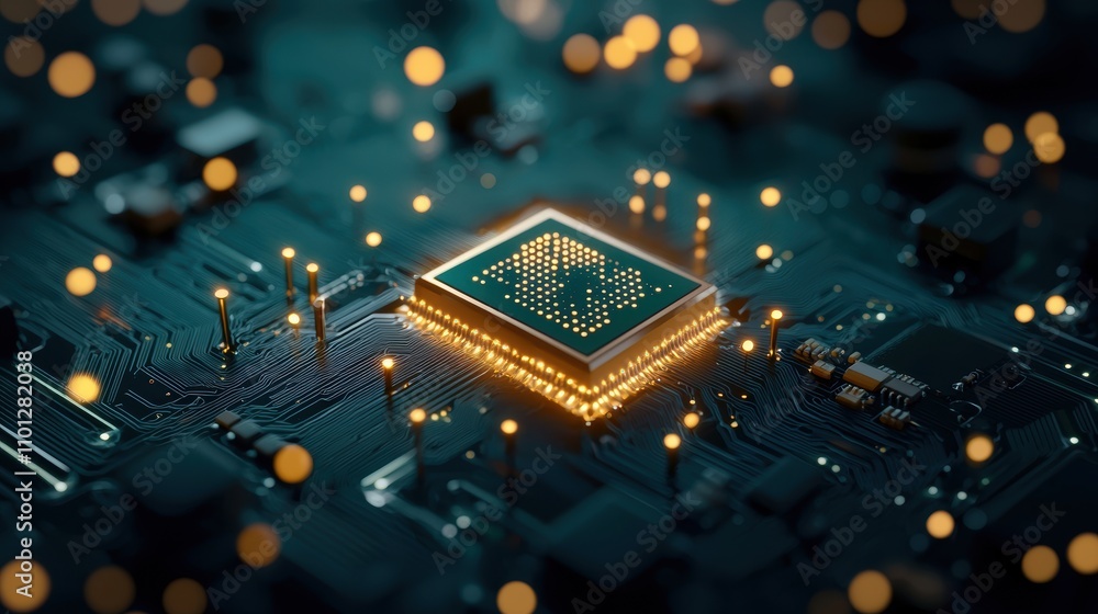 Poster close up shot of a quantum chip with intricate circuitry and glowing pathways, representing the hard