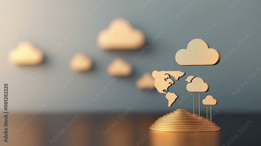 Poster glowing world map with cloud icons strategically placed around the globe, representing the global re