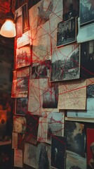  Wall filled with photos, maps, and red threads connecting them, evoking mystery, investigation, and analytical thought processes in research or crime-solving scenarios.