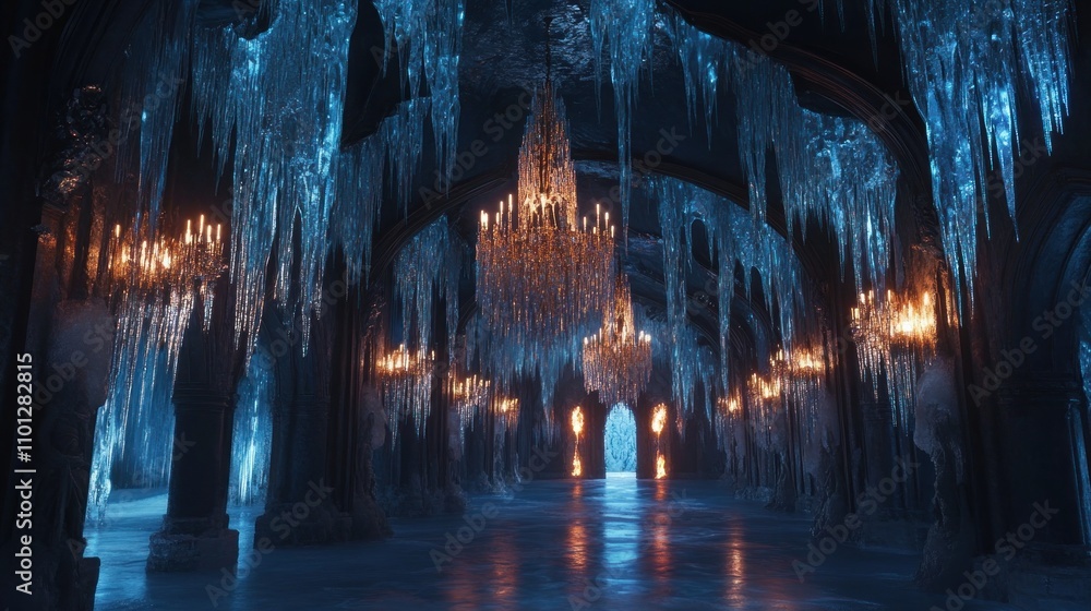 Aufkleber a mystical ice palace with chandeliers and glowing elements, creating an enchanting atmosphere.