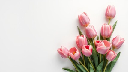 Obraz premium Vibrant tulips in various colors arranged on a pastel pink background with space for text, copyspace, colorful