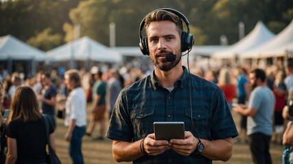 Confident music festival organizer managing concert event