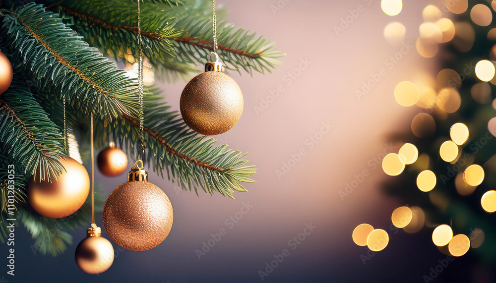Poster christmas ornament hanger on the christmas tree. christmas tree decorations. copy space image place 