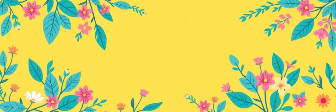 Vibrant yellow and turquoise spring wallpaper with lush leaves and flower motifs, ideal for adding personalized messages, spring, blank space