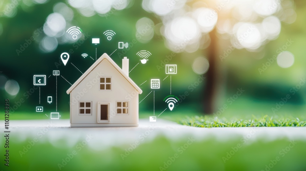 Poster a network diagram representing the interconnected devices within a smart home system, with icons rep