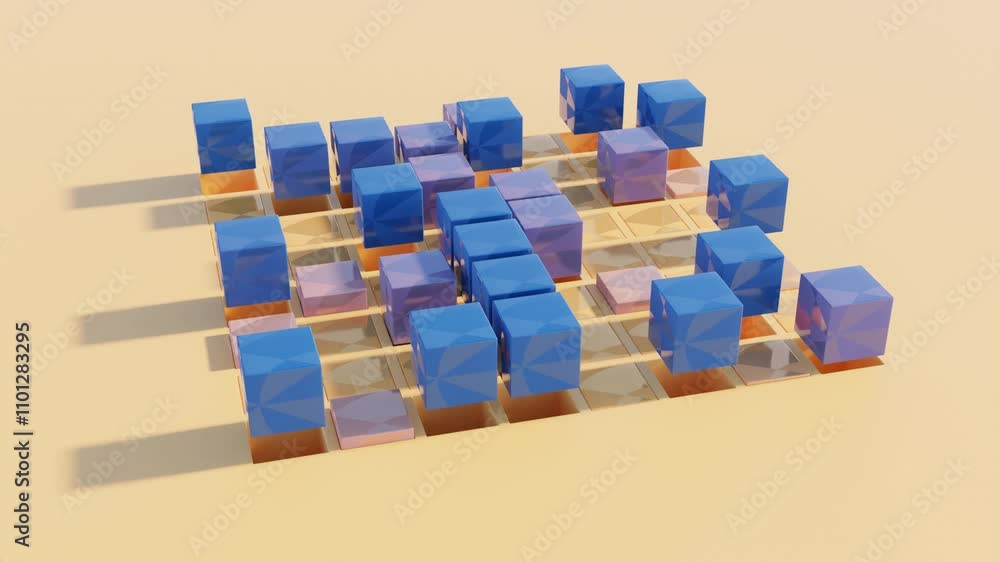 Poster symmetrical cubes rising in harmony: a hypnotic abstract 3d animation with smooth transitions from o