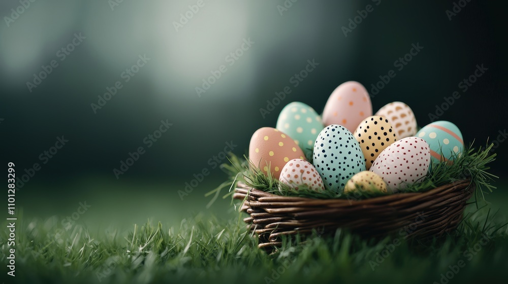 Poster easter eggs in various colors and patterns nestled in a basket with green grass, celebrating the arr