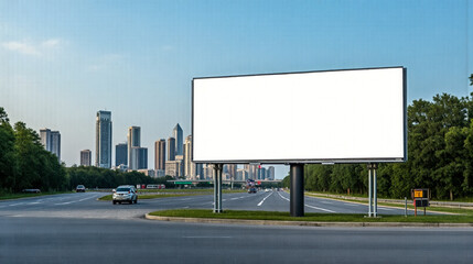 Fototapeta premium Mockup empty billboard for advertisement along highway with no cars, urban skyline in distance under blue sky, spacious advertising board ready for branding, road side marketing in city outskirts