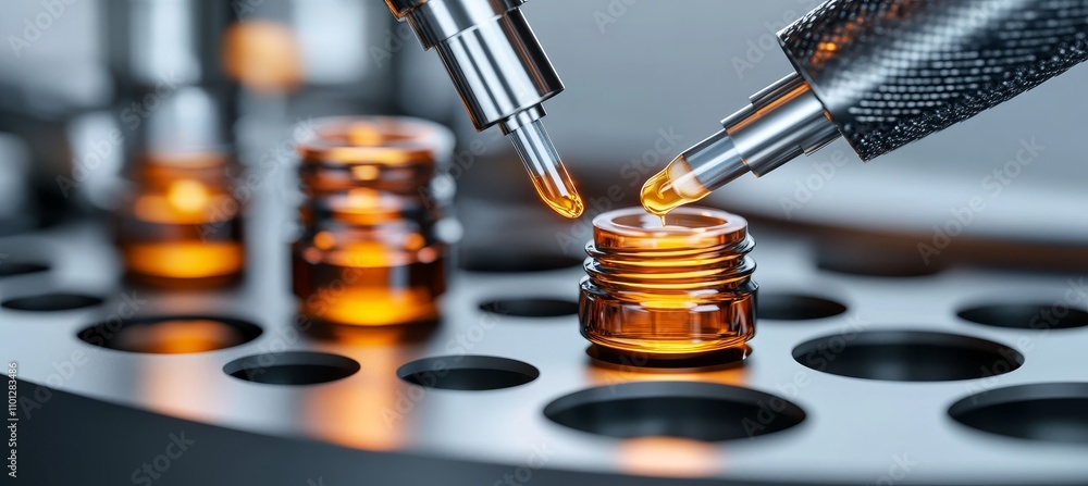 Poster automated filling system precision nozzles dispensing product into vials on a production line