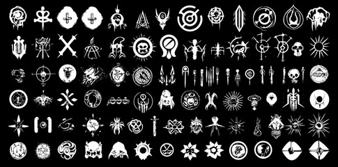 A vast array of alchemical symbols designed to resemble an old manuscript filled with mystical lyrics and occult alphabets. The written signs are influenced by medieval writings. Provided in modern