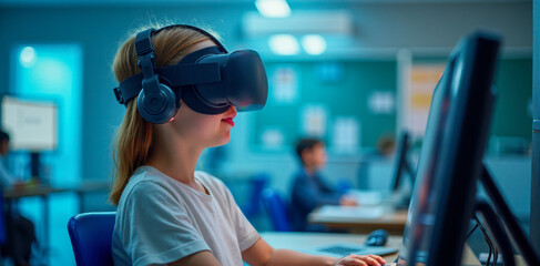 Young Learner Using Virtual Reality Headset for Immersive Educational Experience, Technological Advancement in Teaching, Child Focused on Virtual Study Session, Innovative Learning Tool