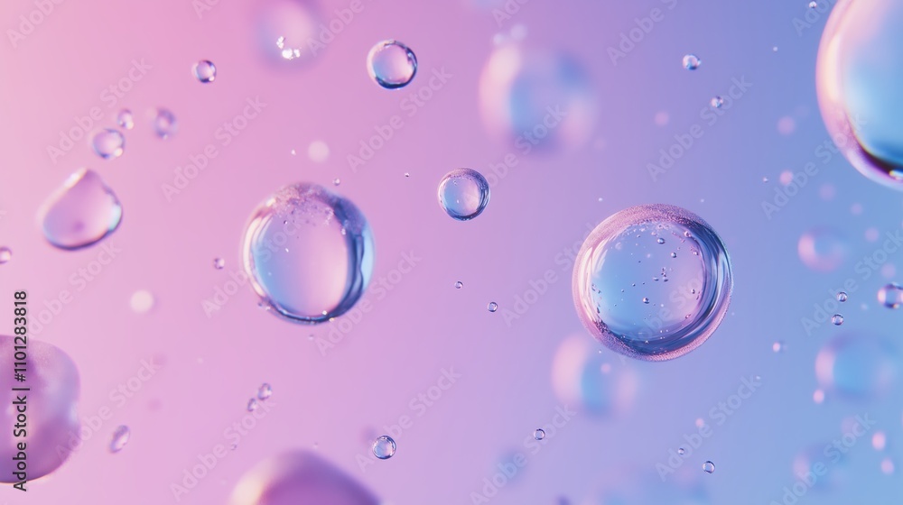 Poster colorful water droplets float against a pink and purple background, creating an abstract visual effe