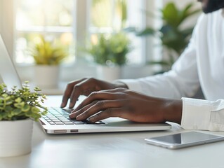Photo of the hands of a person working at a laptop is generated AI