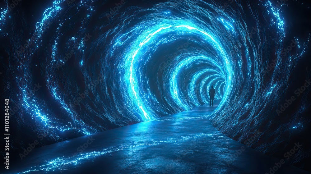 Poster swirl of neon blue line light effect with a curve luminous swirling background with abstract ring pa