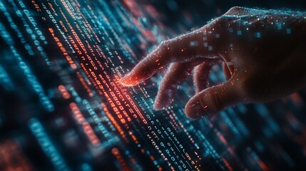 Fingertip interacting with digital binary code.