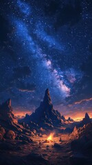  Rugged desert landscape under a starlit sky with the Milky Way arching above; a glowing campfire flickers, surrounded by adventurers' silhouettes.