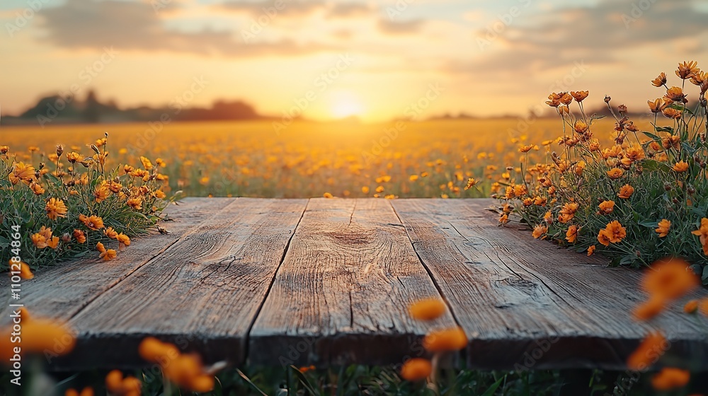 Poster tablecloth covering an empty wooden table with a blurred background of a wheat field shavuot holiday