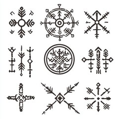 Fototapeta premium Viking Norse Futhark. Ancient runic design icons. Enigmatic symbols for games or tattoos. Modern collection with Nordic mythology and Celtic touches.