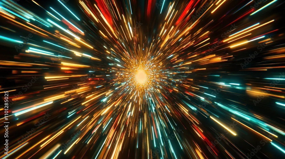 Poster abstract light streaks converging to a bright center, creating a dynamic, futuristic tunnel effect.