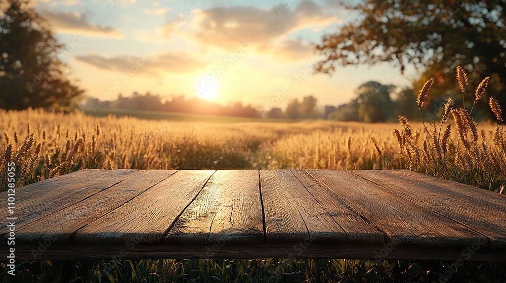 Poster tablecloth covering an empty wooden table with a blurred background of a wheat field shavuot holiday