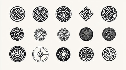 Norse runic design. Icons representing Scandinavian pagan esoteric traditions, such as the Viking protection rune, triquetra, Yggdrasil, Vegvisir, Futhark, and Valknut. A contemporary Nordic set of