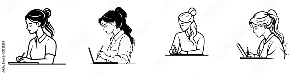 Poster a digital artist uses a graphic tablet to create a continuous line drawing of a woman in modern form