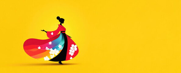 Naklejka premium A Japanese woman in a vibrant red and black kimono with floral patterns, minimalist flat illustration against a yellow background, symbolizing tradition and elegance..