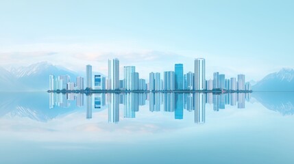 Fototapeta premium A cityscape reflected in the calm waters of a river or bay, creating a sense of symmetry and showcasing the city connection to its waterfront.