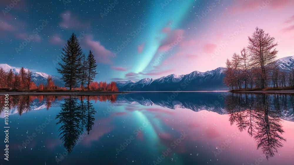 Aufkleber a reflection of the aurora borealis in a still lake, doubling its impact and creating a mesmerizing 