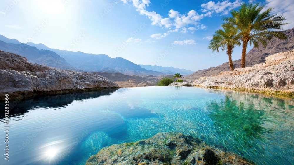 Poster a desert oasis with palm trees and a shimmering pool of water, offering respite from the harsh deser