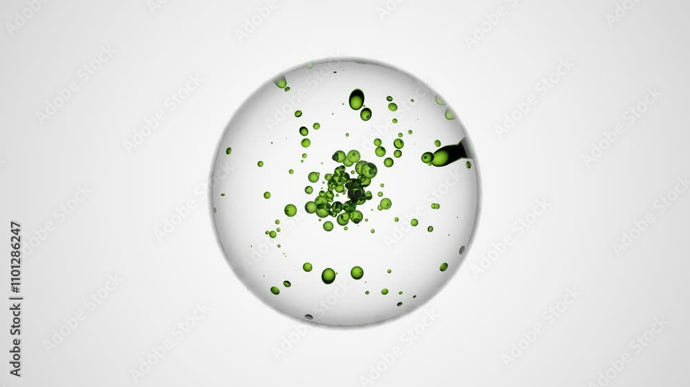 Poster clear liquid drop with little green air bubbles inside on a white background. abstract 3d animation 