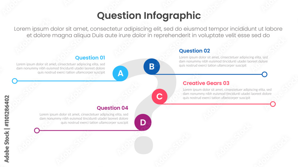 Poster question infographic template banner with big question and circle along shape with 4 points for slid