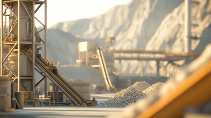 Fototapeta premium Busy Gold Processing Facility with Workers and Machines Refining Ore in Dusty Environment. Conveyor Belts and Crushers in Action. Photorealistic Scene.