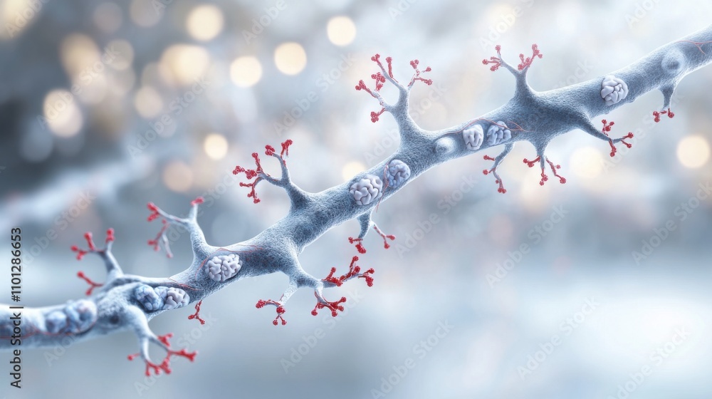 Poster detailed 3d illustration of a neuron synapse, showcasing red dendritic spines and abstract neural co