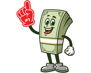 Money Cash with foam finger,  Cartoon Character Mascot Illustration Vector Clip-art Hand-drawn Logo Design