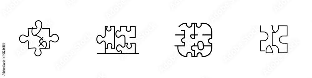 Poster a single continuous line drawing of two jigsaw pieces on a white background, featuring a minimalist 