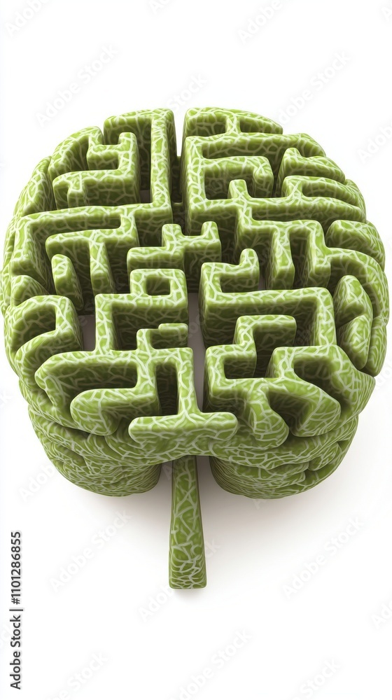 Poster green maze shaped like a brain symbolizing problem-solving and creativity.