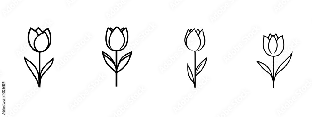 Poster a minimalist black linear sketch of a tulip flower in continuous line art style, isolated on a white