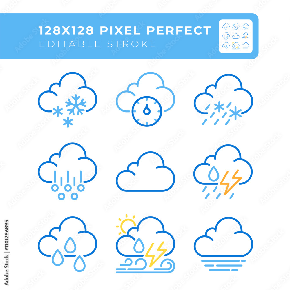 Poster clouds related two color line icons set. weather forecasting. overcast and precipitation. atmospheri