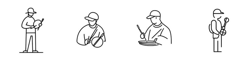 A masked artist stirs paint on a palette with a brush. A single line drawing depicts a man mixing paint.