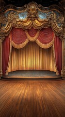  Ornate stage with gilded proscenium arch, tied-back luxurious drapes, and golden footlights glowing on the polished hardwood floor.