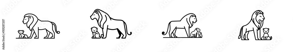 Poster a lion stands with a small lion cub in a single continuous line drawing.