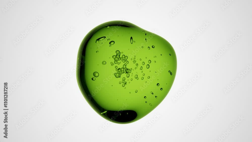 Poster clear liquid green drop with little air bubbles inside on a white background. abstract 3d animation 